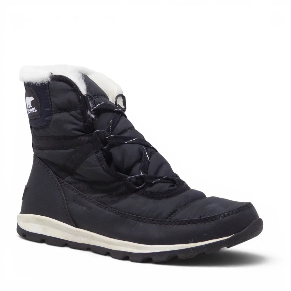 Sorel Womens Whitney Short Lace Snow Boots Black Faux Fur Trim NL2776-010 Size 7